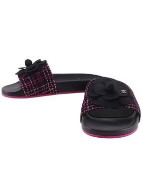 Chanel Camellia Rubber Tweed Black Pink Sandals